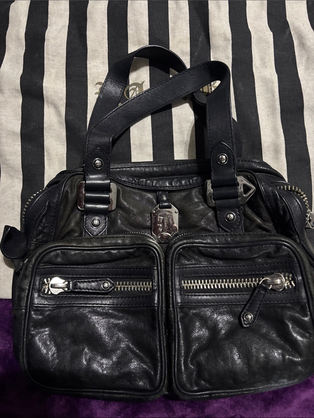 LAMB BLACK  Leather Messenger Bag with Dual Front Zippers